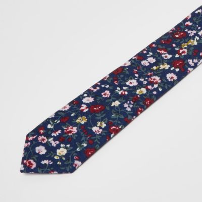 Navy blue floral print tie